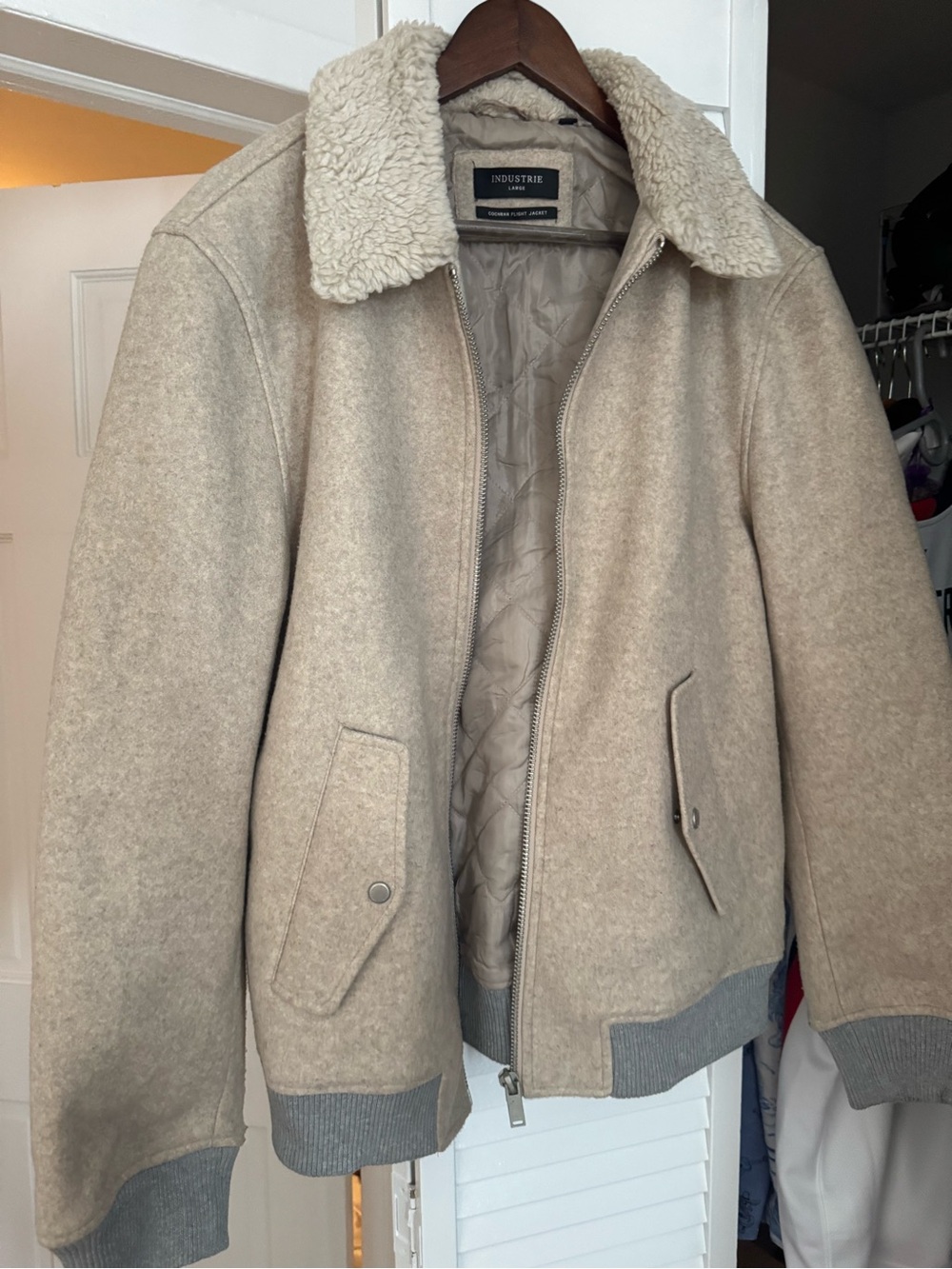 Industrie Clothing Cream Bomber Jacket with Shearling Collar